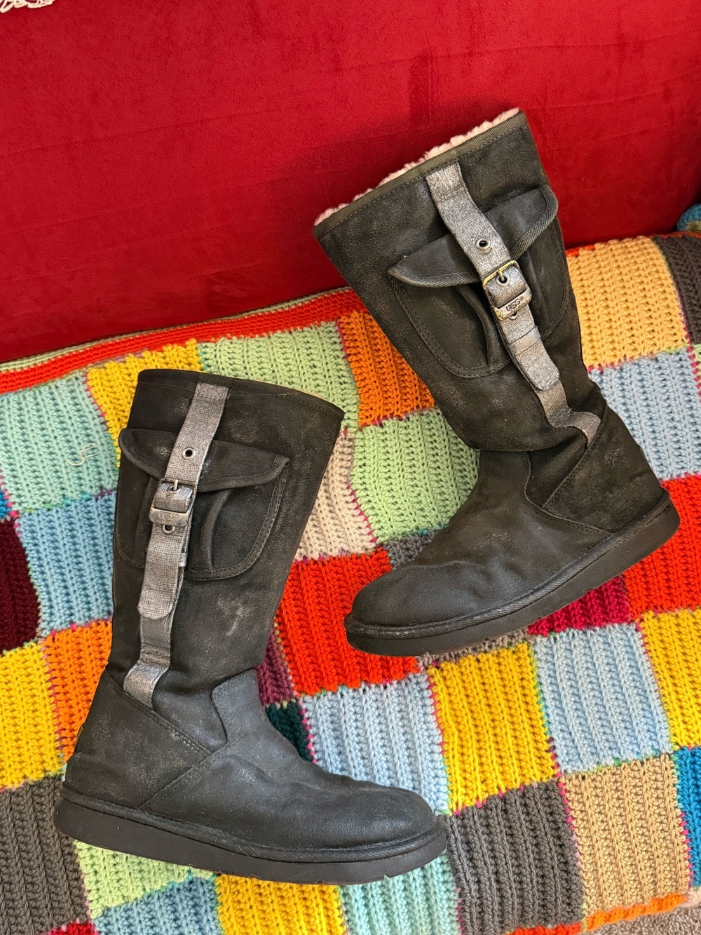 UGG Black Suede Mid-Calf Winter Boots with Shearling Trim